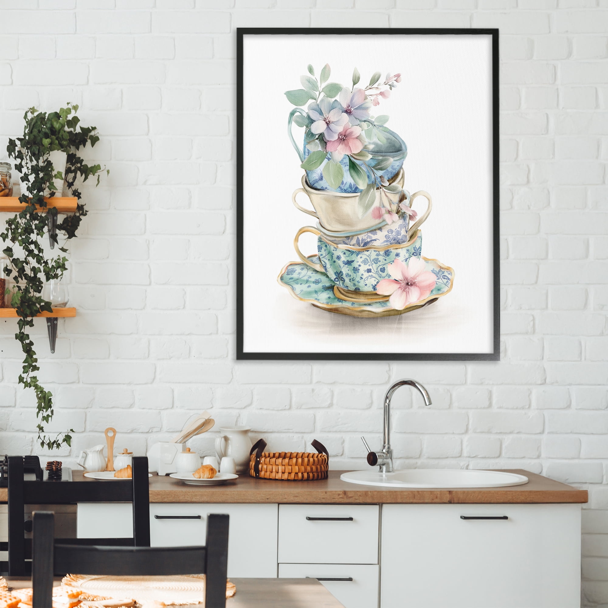 Stupell Industries Floral Teacup Chinoiserie Black Framed Giclee Art, design by Kim Allen