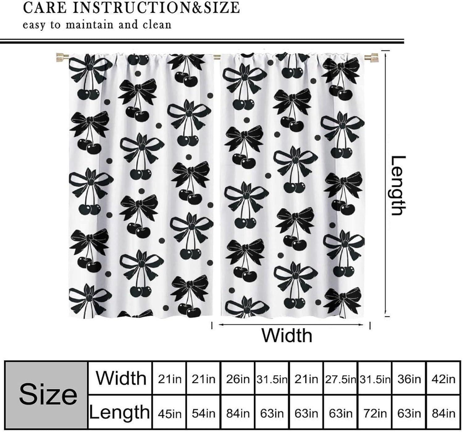 Black Bow Curtains, Vintage Dark White Cherry Ribbon Bows Aesthetic Print Window Drapes Curtains for Kids Girls Bedroom Livingroom Bathroom, 55" W X 39" L