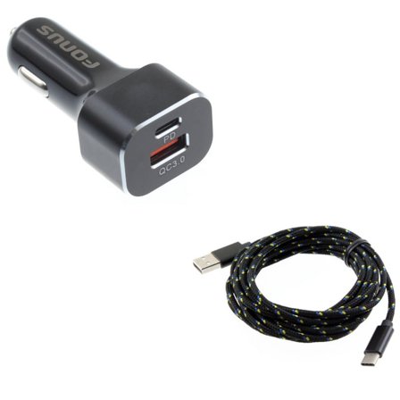 2-Port USB 36W Quick Car Charger w Charger Cord Type-C 10ft USB Cable X7D for LG Google Nexus 5X, G8 ThinQ, G7 ThinQ, G Pad X II 10.1, Stylo 5 4 Plus - Microsoft Surface Go (10"), Lumia 950