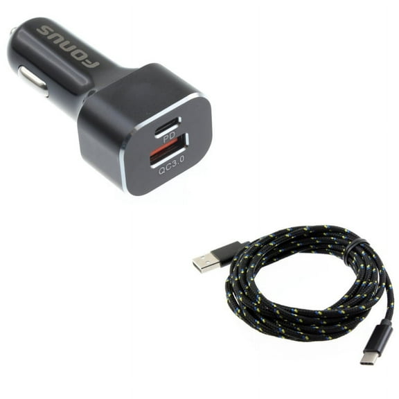 2-Port USB 36W Quick Car Charger w Charger Cord Type-C 10ft USB Cable W5P for Acer Liquid Jade Primo - Alcatel PulseMix, 7, Idol 5S 5 4S - ASUS Zenfone V Live, ROG Phone, AR 6 5z 4 Pro