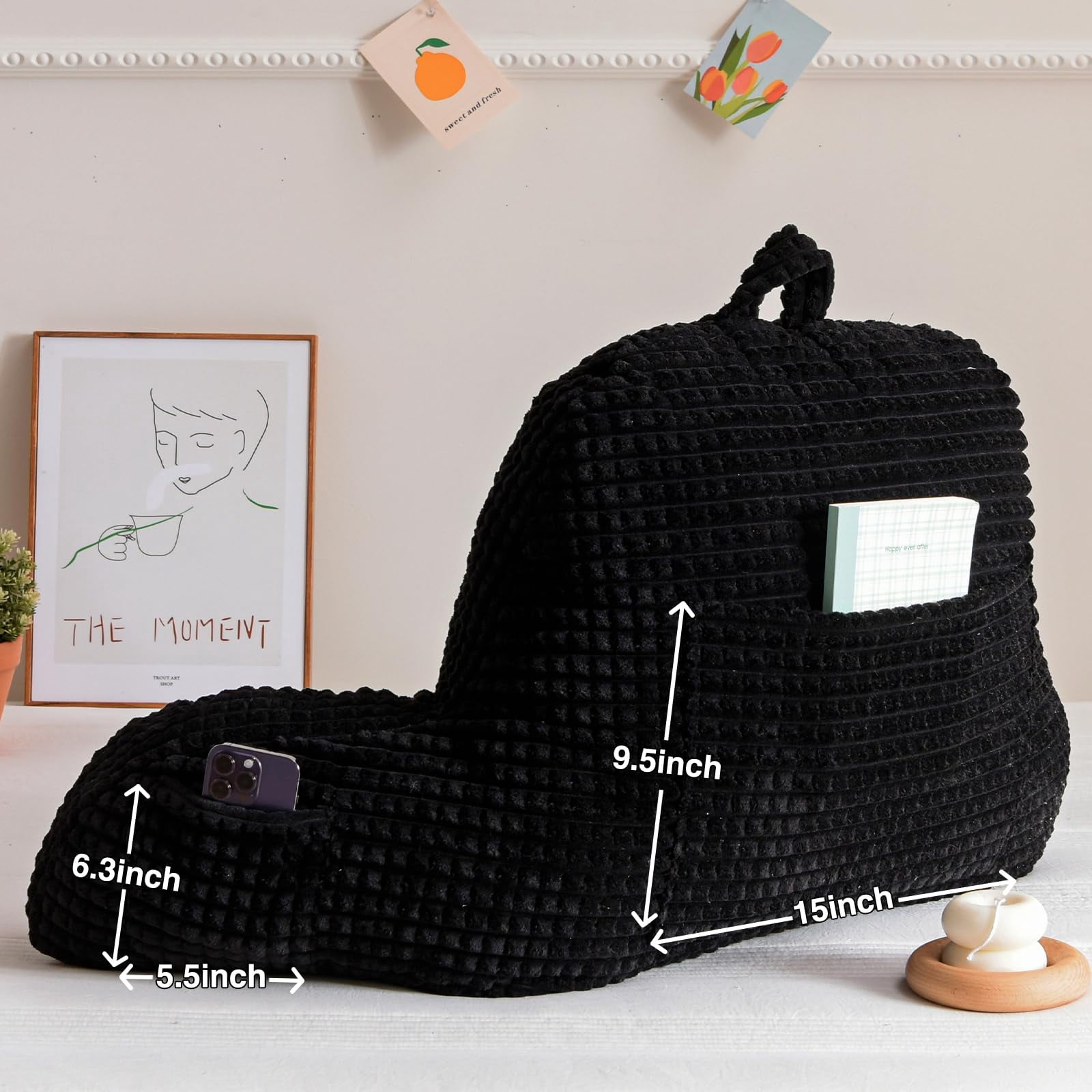 Comfortable Night Reading Pillow Bed Wedge Large Backrest with Arms for Sitting Up in Bed or Couch, Support Cushion for Lounging, Waffle Texture, Dark Grey