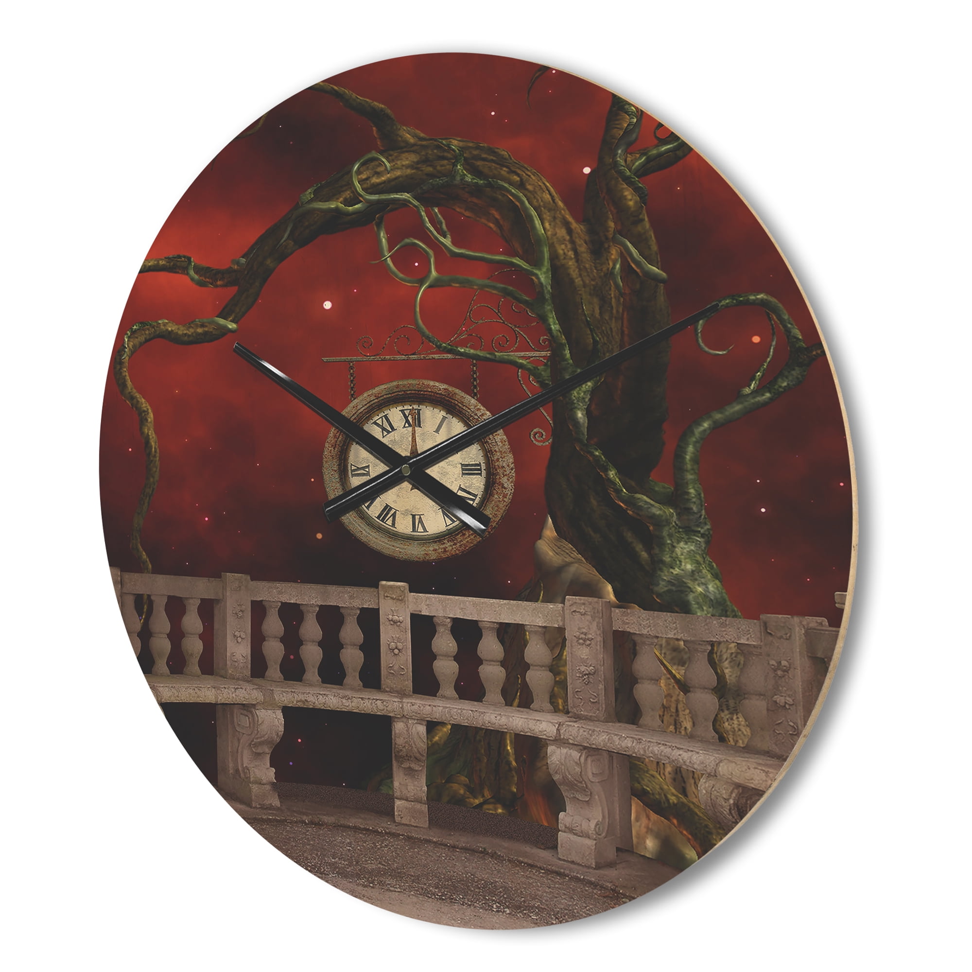Designart 'Tree Angels and Balcony with Clock' Vintage Wood Wall Clock