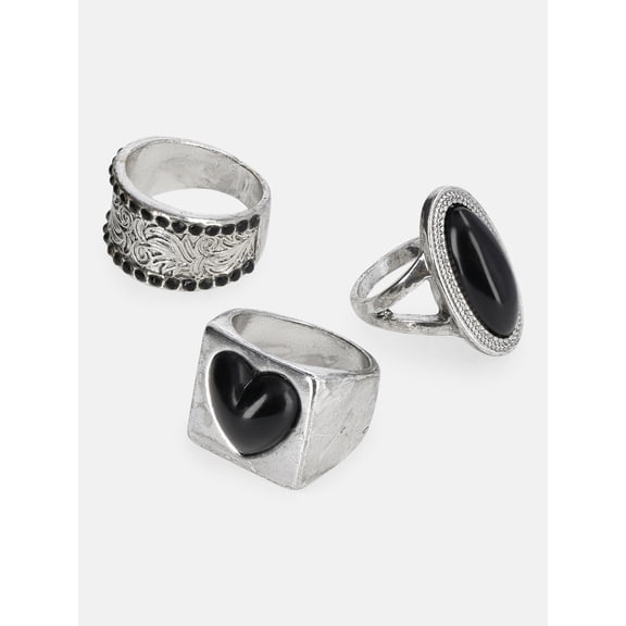 No Boundaries Black and Gold-Plated Stone and Heart Rings, 3-Pack, Women's