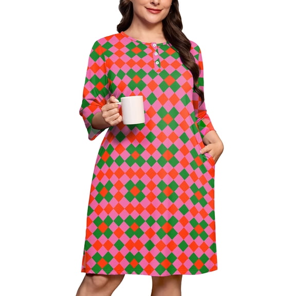 SHOWMALL Nightgowns for Women Plus Size, Argyle Print 3/4 Sleeve Henley Sleep Dress with Pocket, Soft Stretch House Dress for Sleeping & Lounging, Pink Argyle Print