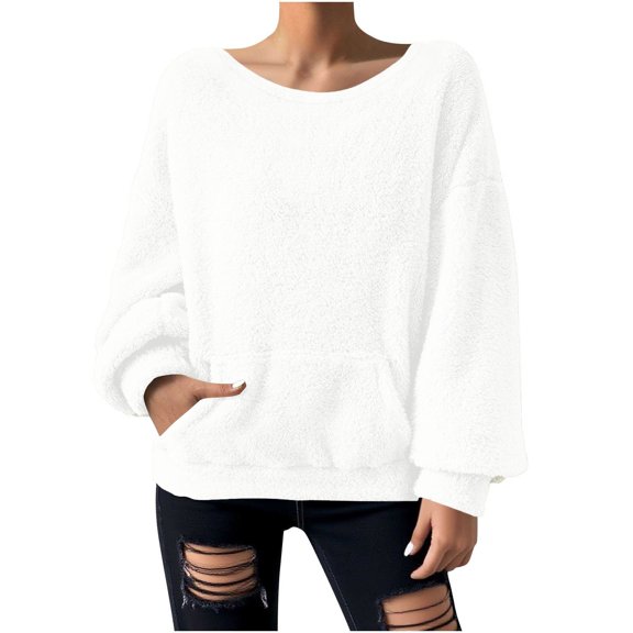 YUGYXL Fleece Pullover Women Round Neck Long Sleeve Loose Plus Size Plain Sweatshirt Warm Casual Fall Sweatshirts with Pocket Beige Sweatshirts XXXL