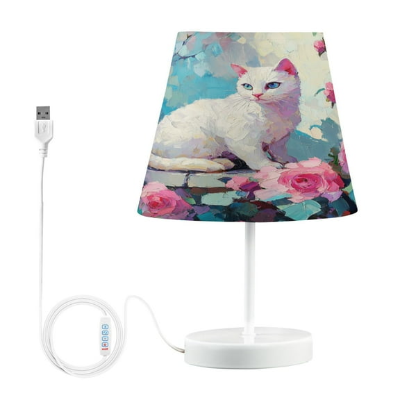 BZSMCE Table Lamp Creative White Cat Among Pink Roses Simple Pattern Night Light