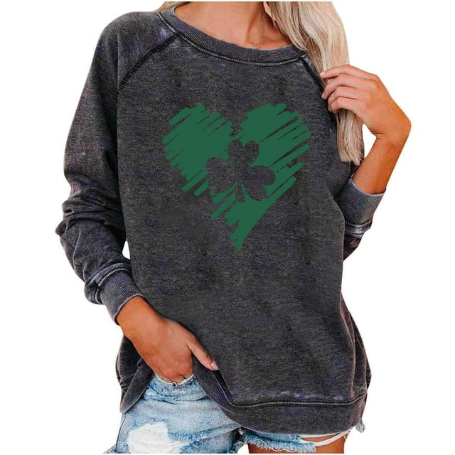 Besolor Chandails en Molleton pour Femmes de la Saint-Patrick 2024 Imprimés Col Rond Manches Longues Hauts Décontractés Amples Blouse Tee