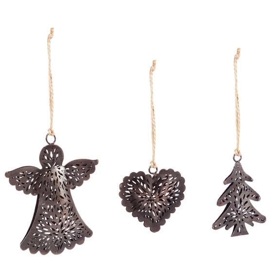 Shaped Bronze Metal Ornament: Angel/Heart/Tree, 3 Assorted