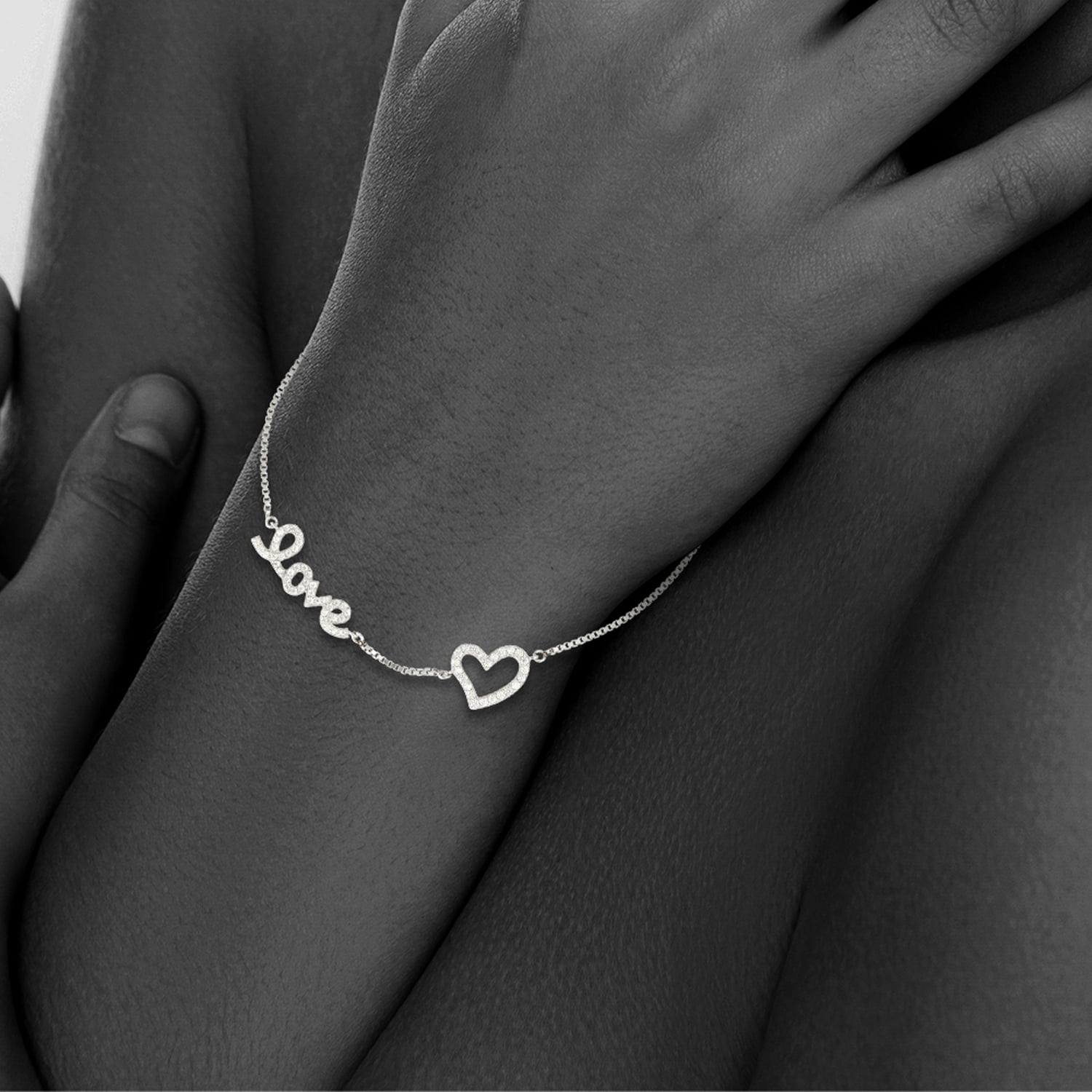 5th & Main Women's Sterling Silver Box Chain Drawstring Bracelet with Embellished Cursive Love and Open Heart