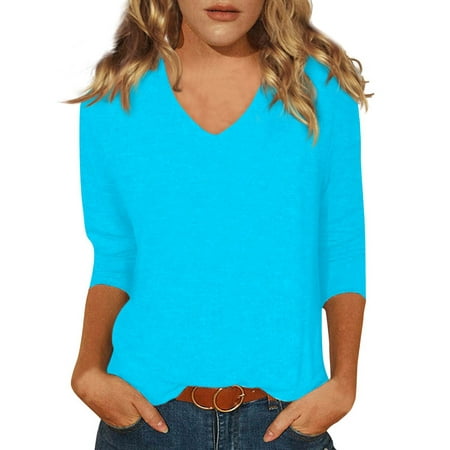 

Clearance! Yohome Corset Tops for Women Ladies Fashion Everyday Everything Casual V-neck Seven-point Sleeve Printed T-shirt Top Blue XL