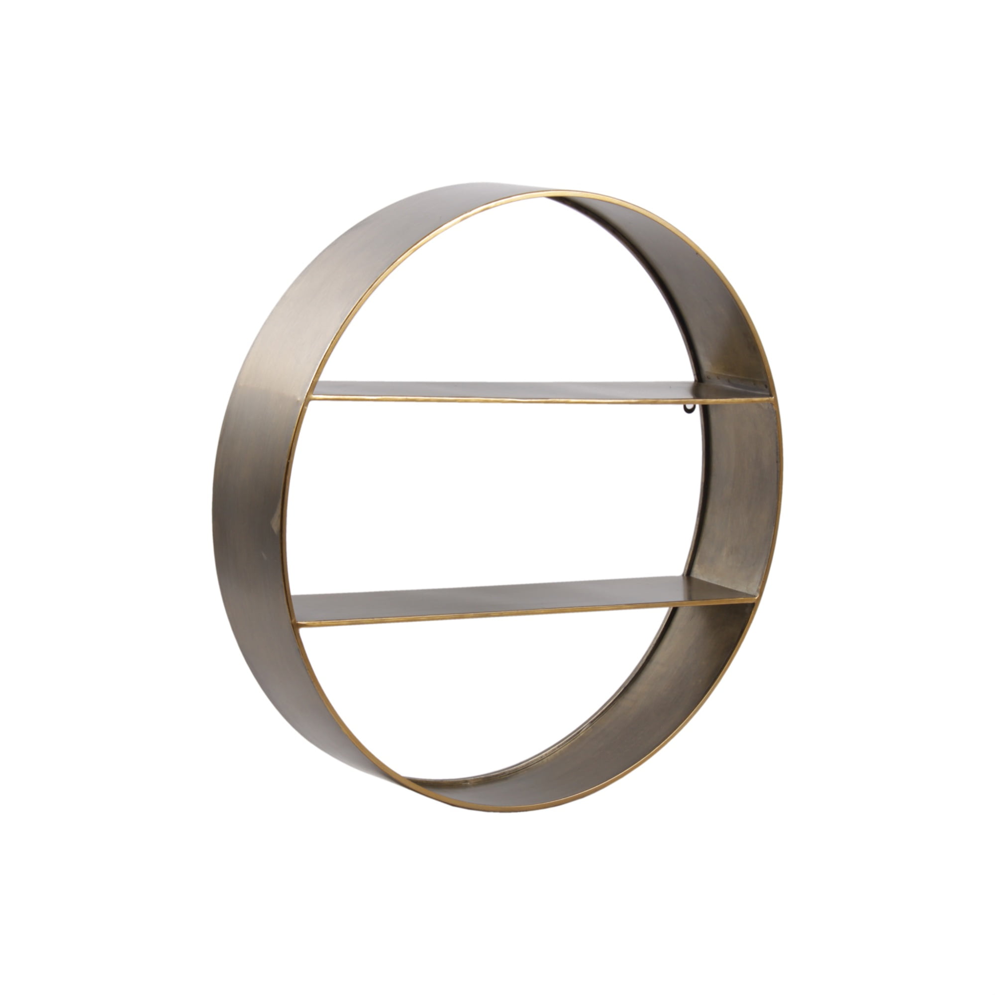 Round Metal Wall Shelf with 2 Tier Storage and Copper Edges, Brown