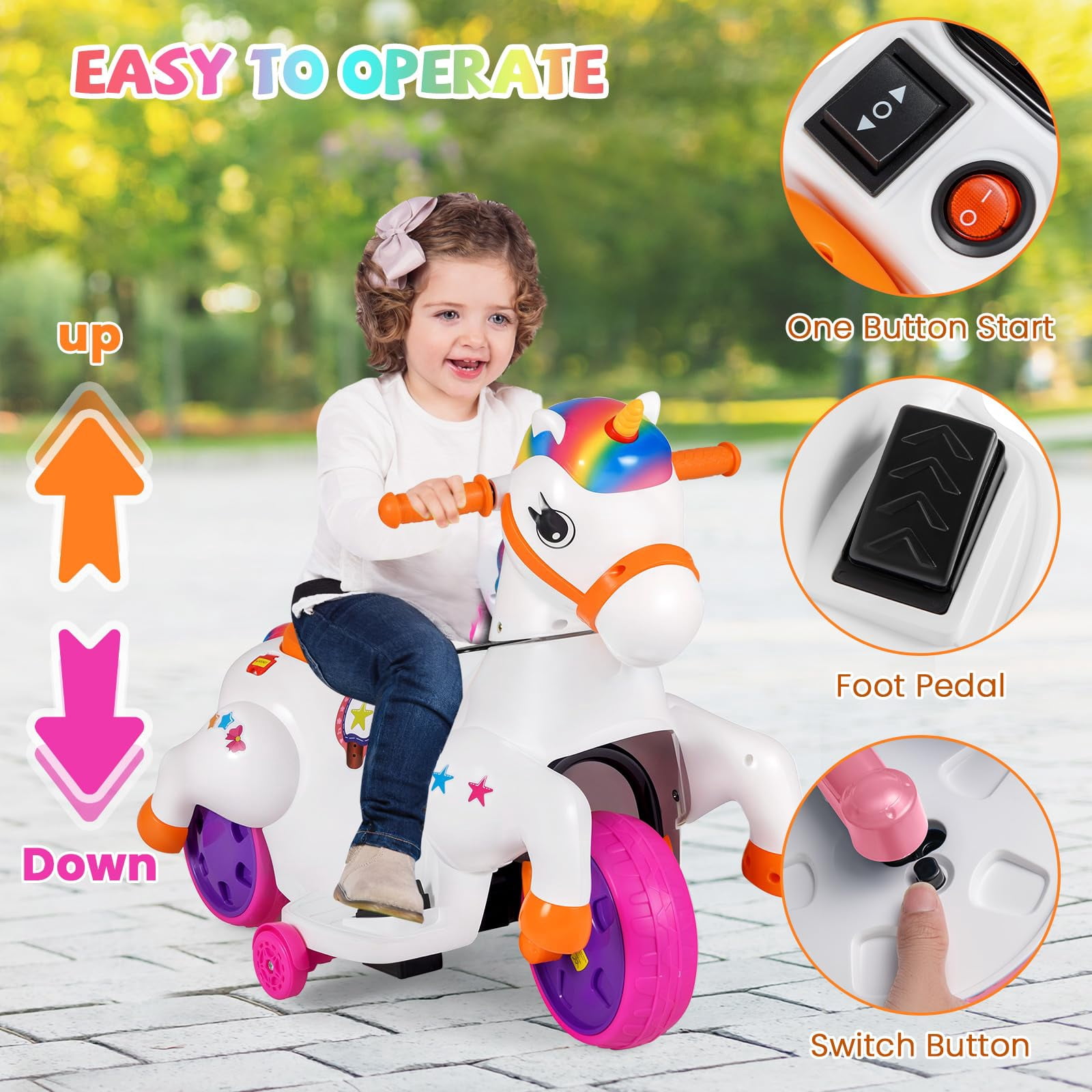 12V Unicorn Ride on Toys, 3-Wheeler Battery Powered Motorized Ride on Horse with Training Wheels, Rainbow Unicorn