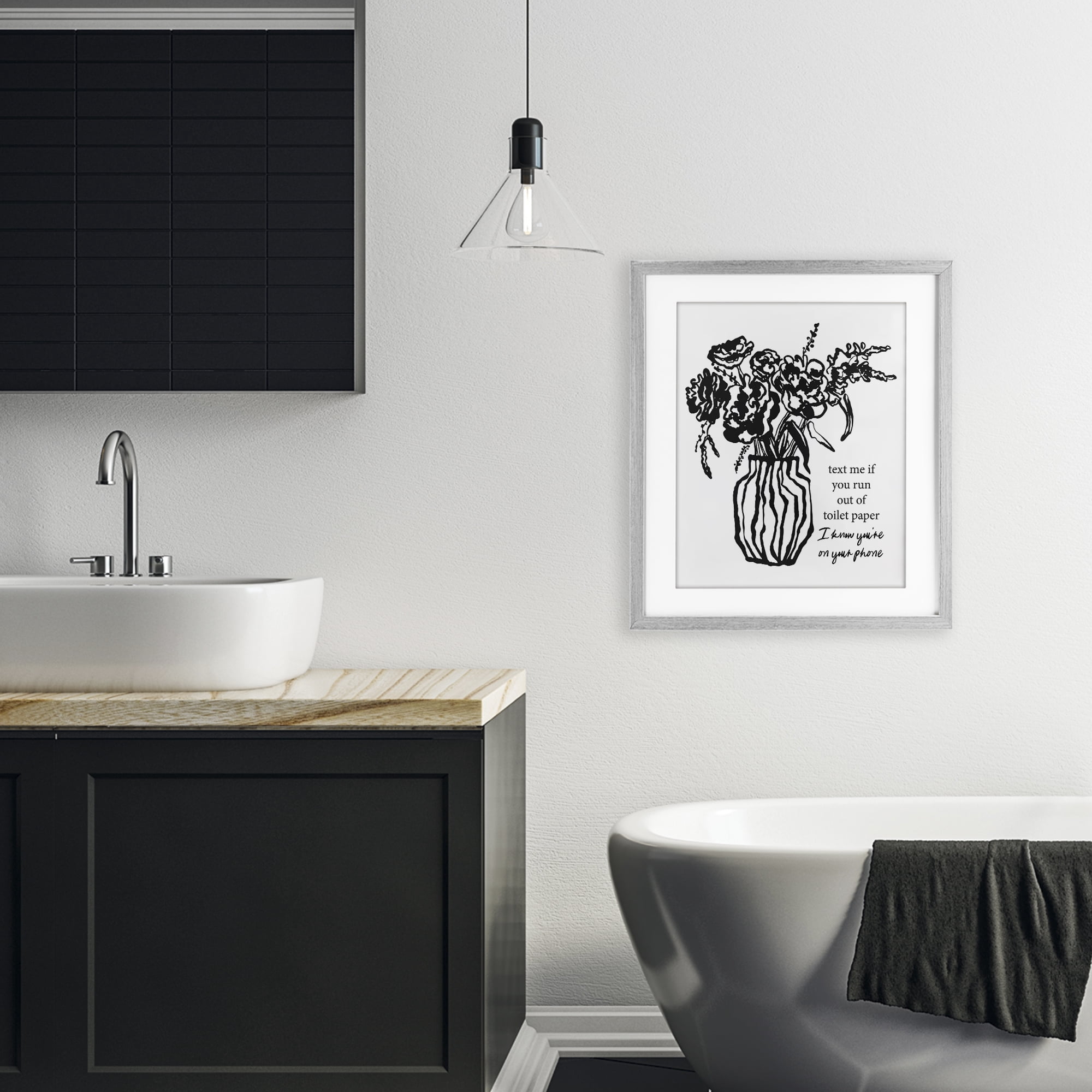 Stupell Industries Text Me Bathroom Florals Gray Framed Print Under Glass, design by Lettered and Lined