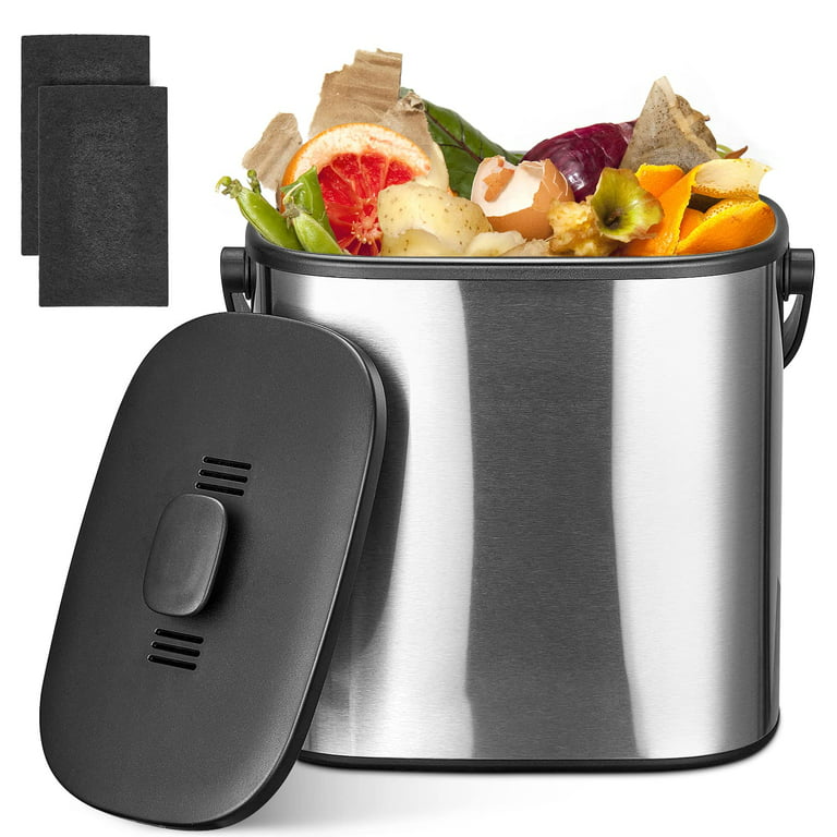 DSSTYLES Compost Bin Kitchen, Stainless Steel Countertop Compost Bin,  Indoor Compost Bin with 1 Extra Charcoal Filter, Mountable Food Waste Bin  for Kitchen, 1.3 Gallon 