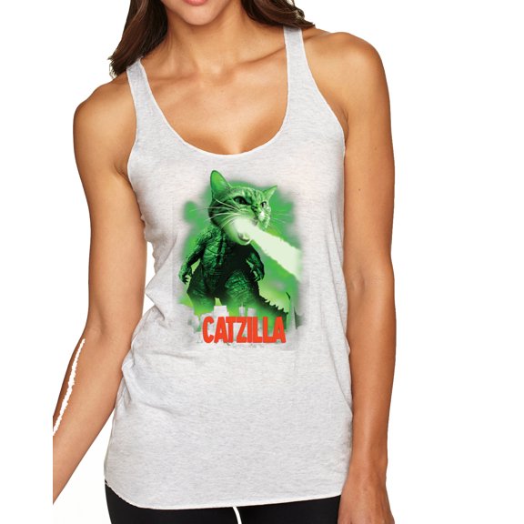Wild Bobby, Catzilla Parody Taking Over City | Womens Cat Lover Premium Tri-Blend Racerback Tank Top, Heather White, Small
