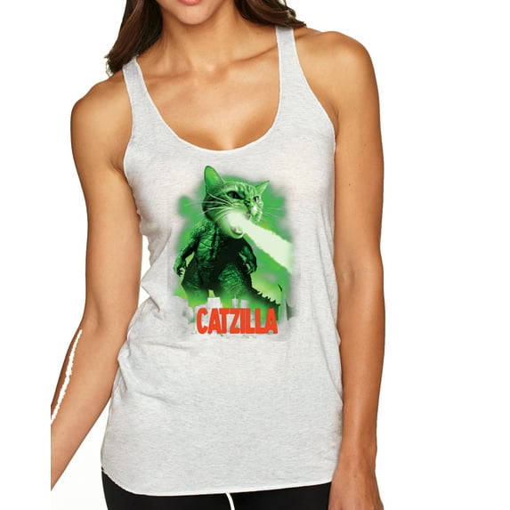 Wild Bobby, Catzilla Parody Taking Over City | Womens Cat Lover Premium Tri-Blend Racerback Tank Top, Heather White, Small