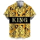 thumbnail image 4 of Camisetas con botones y estampado gráfico completo en 3D de la reina y el rey para hombre, divertidas camisetas hawaianas con gráficos dorados y negros para hombre, 4 of 5