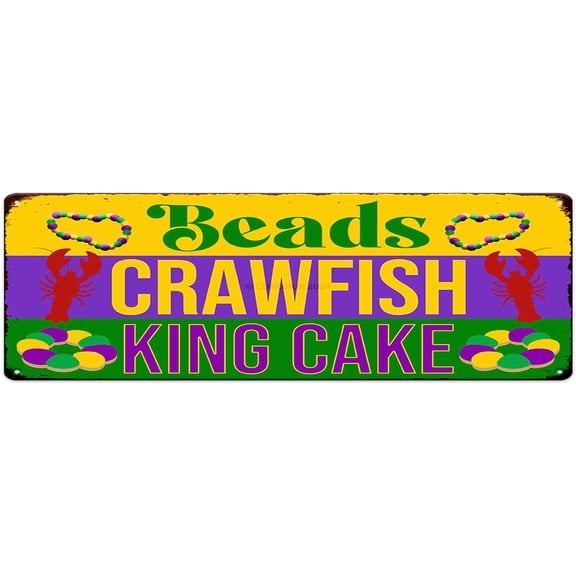 Mardi Gras Beads Crawfish King Cake Print Tin Sign Wall Door Decor Purple Green Gold Mardi Gras Carnival Craft Decorations for Home Farmhouse Bar Kitchen Shop Yard 4"x16" Street Metal Sign