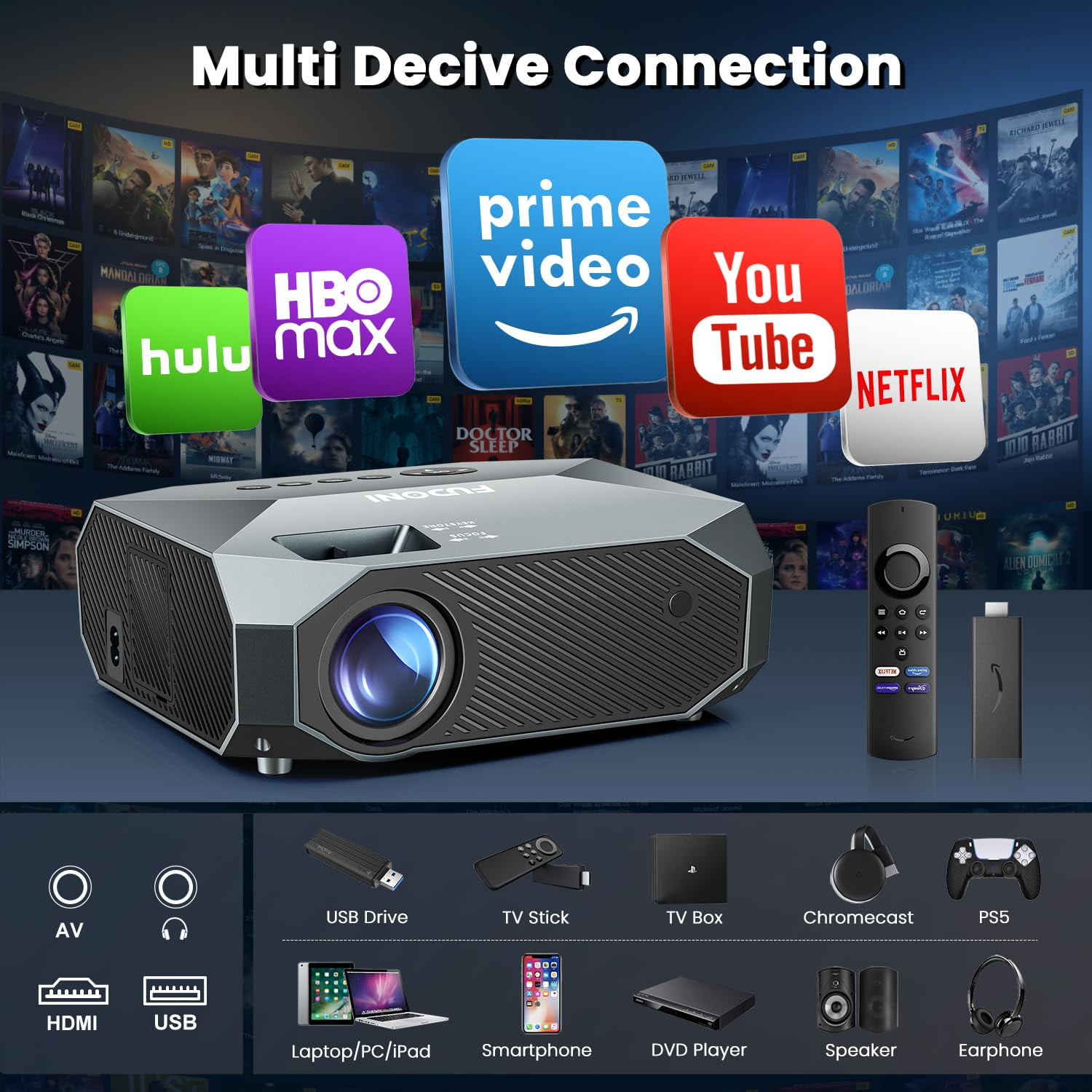 FUDONI Projector with WiFi and Bluetooth, Native 1080P Outdoor Movie Projectors 4k Supported, Highlight Portable Home Theater Projector Max 300"
