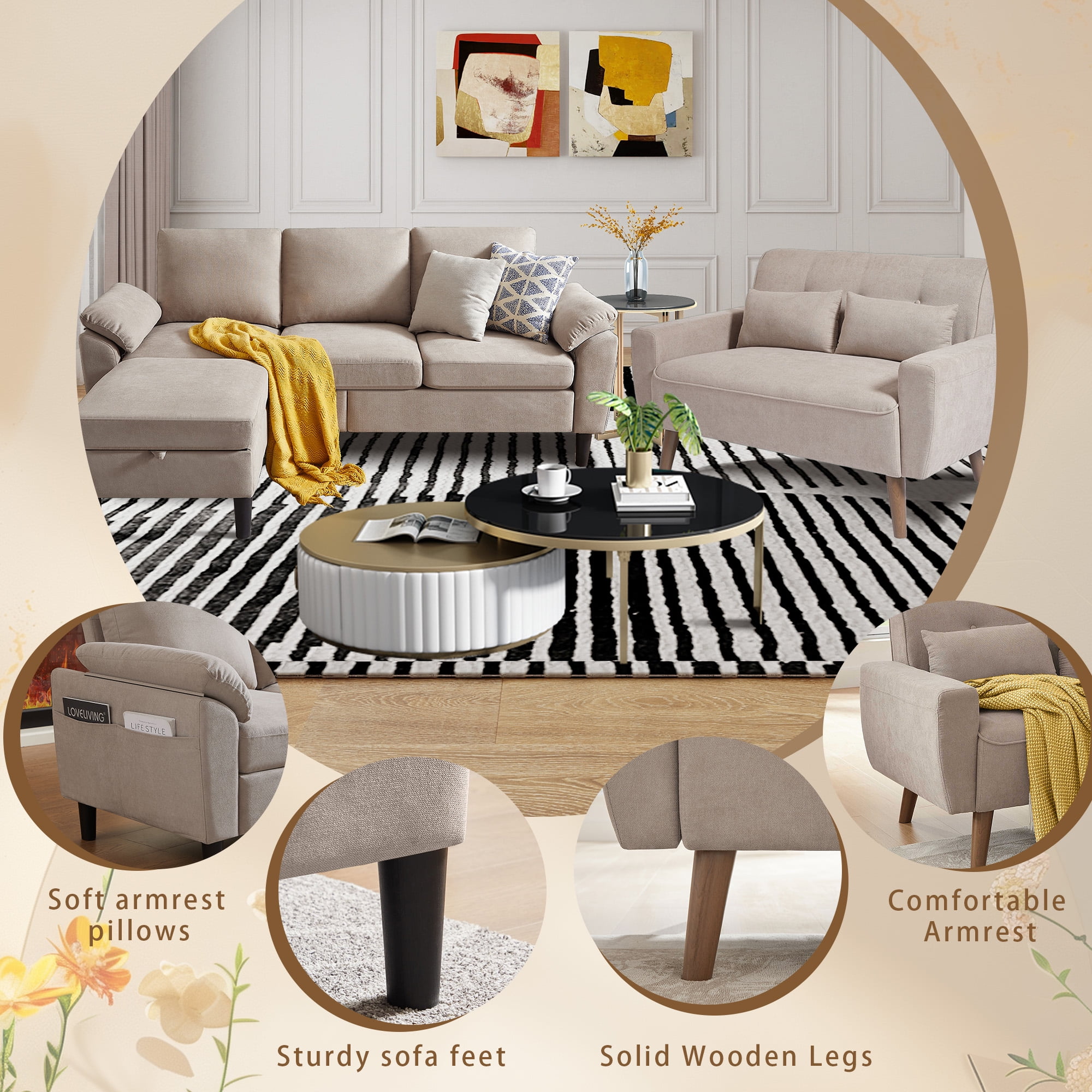79" Convertible Sectional Sofa Set, Small L Shaped 3-Seat Couch with Reversible Chaise and Accent Chair, Modern Linen Sofas Couches for Living Room, Beige