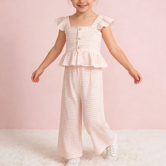 Girls 2 Piece Outfit Pink Gingham Checkered Ruffle Sleeve Peplum Top Wide Leg Pants Kids Summer,Size 3-4T