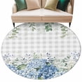 thumbnail image 2 of Round Area Rug 5ft,Farmhouse Blue Hydrangeas Flower Leaves Washable Carpet Non-Slip Runner Accent Rugs Indoor Floor Mat for Bedroom Living Room Decor,Grey White Plaid, 2 of 9