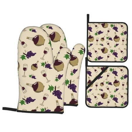 

Oven Mitts and Pot Holders 4 pcs Set wine glass grape Heat Resistant Pot Holders Oven Mitts for kitchen Non-Slip Hanging Loop Oven Glove Potholders for Baking Cooking