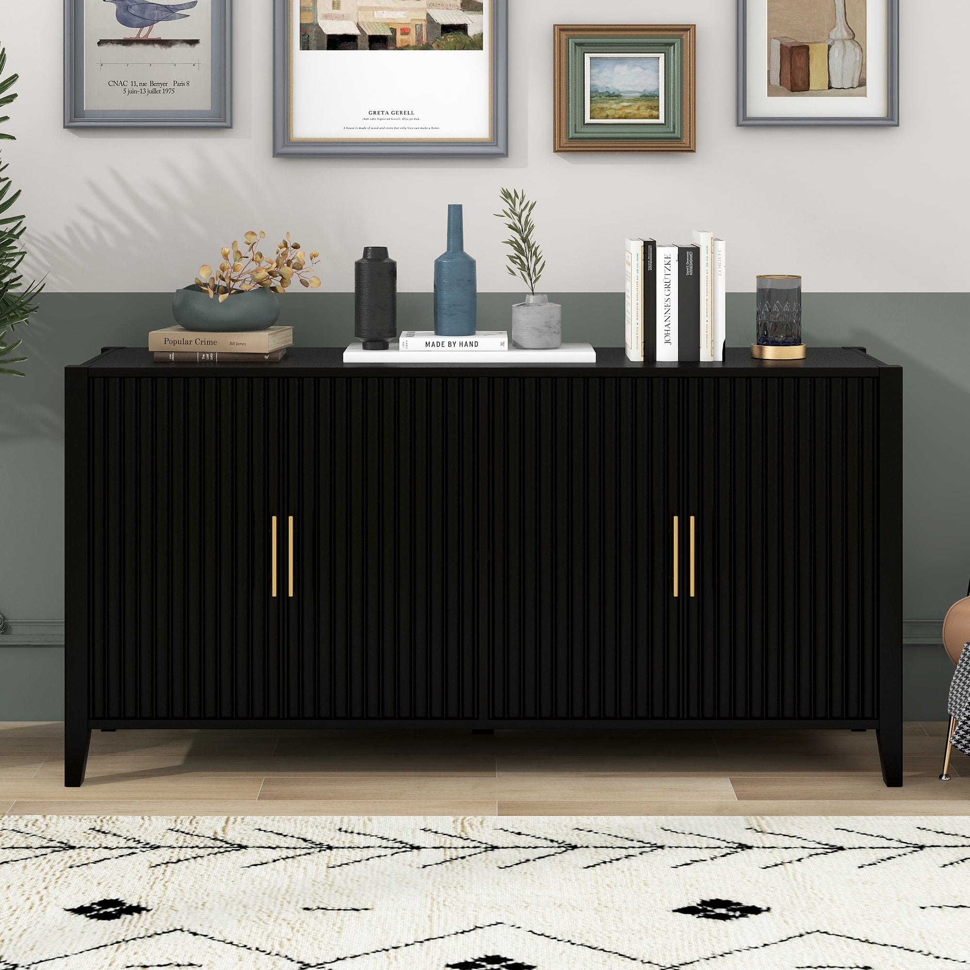 Mintazer 61" Fluted Sideboard Buffet Cabinet with 4 Door, Modern Wave Slatted Storage Credenza with Gold Metal Handles for Dining Room Living Room Entryway, Black