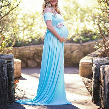Pregnant Women Cotton Gown Maxi Dress Wedding Party Prop Dresses Photography Sky Blue Size L