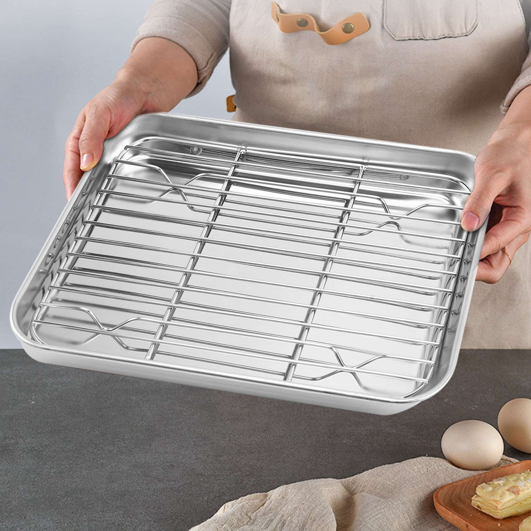 9 Inch Toaster Oven Tray and Rack Set Small Stainless Steel Baking Pan with Cooling Rack Dishwasher Safe Baking Sheet