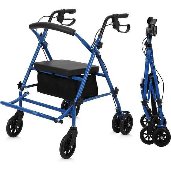 2 in 1 Rollator Walker & Transport Chair for Seniors with Seat, Folding Walker Wheelchair Combo, Transport Wheelchair All Terrain, Medical Walker for Adults with Brakes, Backrest, Footrest