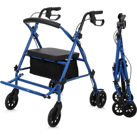 2 in 1 Rollator Walker & Transport Chair for Seniors with Seat, Folding Walker Wheelchair Combo, Transport Wheelchair All Terrain, Medical Walker for Adults with Brakes, Backrest, Footrest