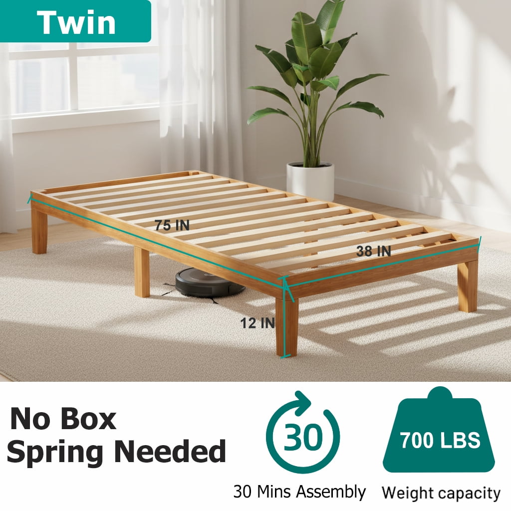 ACCVER Solid Wood Twin Size Bed Frame - 12in Natural Pine Platform Base with Wood Slats, Noise-Free & No Box Spring Needed, Natural Finish, Easy Assembly