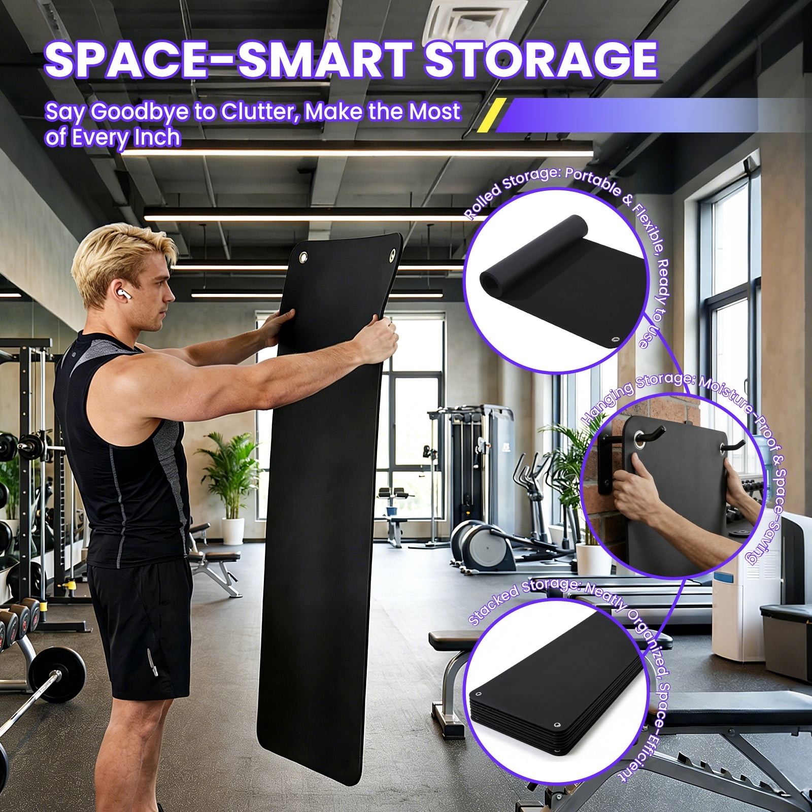 MAROUTE Commercial Grade Hanging Exercise Mat – Durable 5mm Thick PVC Yoga & Workout Mat with Reinforced Holes – Ideal for Home Gym, Pilates, Stretching, Group Fitness – Black