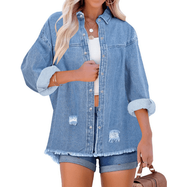 Fantaslook Denim Jackets for Women Trendy Frayed Hem Shackets Casual Button Up Jean Jacket Coats