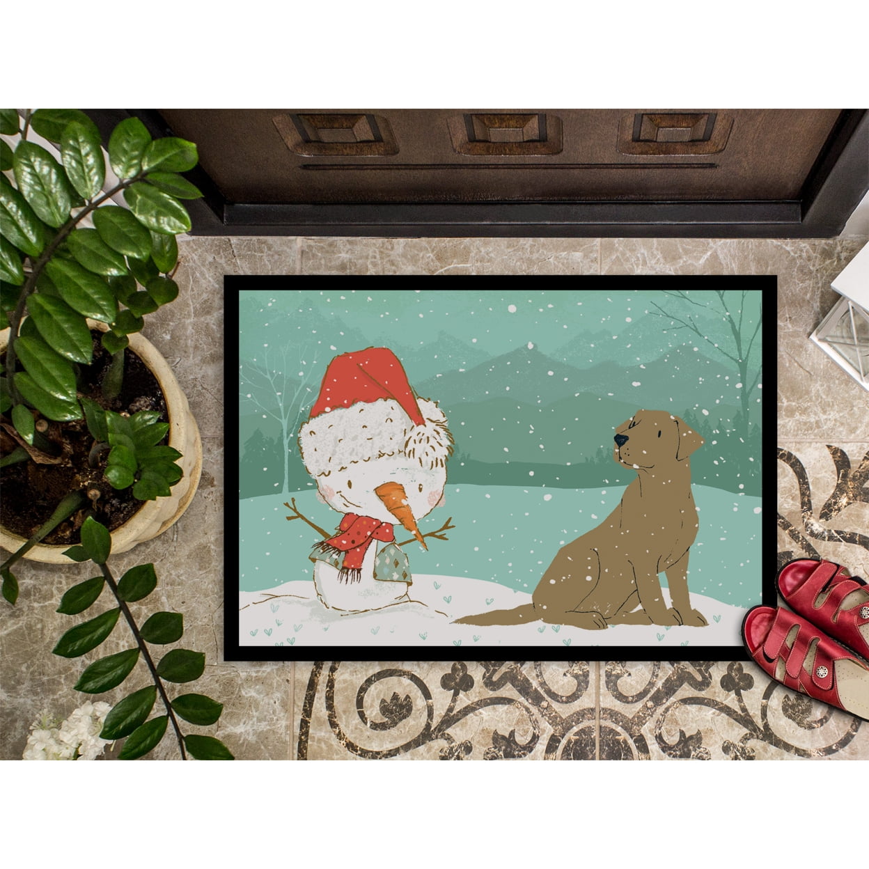 Chocolate Labrador Snowman Christmas Door Mat