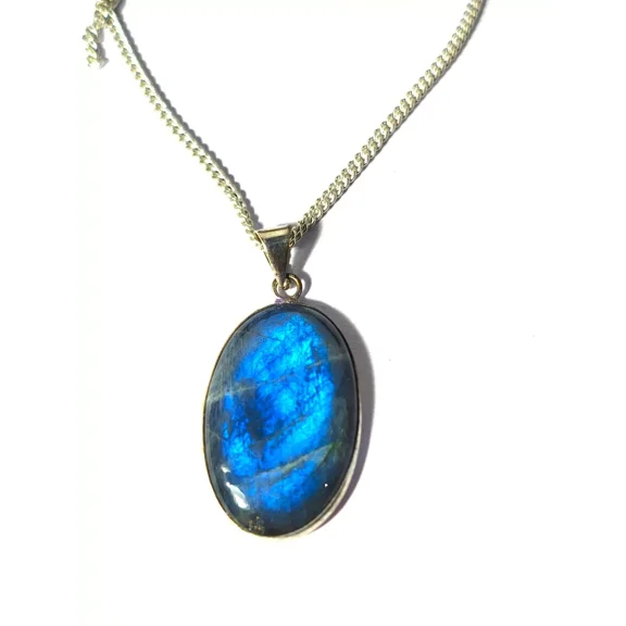 SHYAMGEMS Natural Labradorite Oval Pendant Necklace, Blue Flash Stone, Sterling Silver