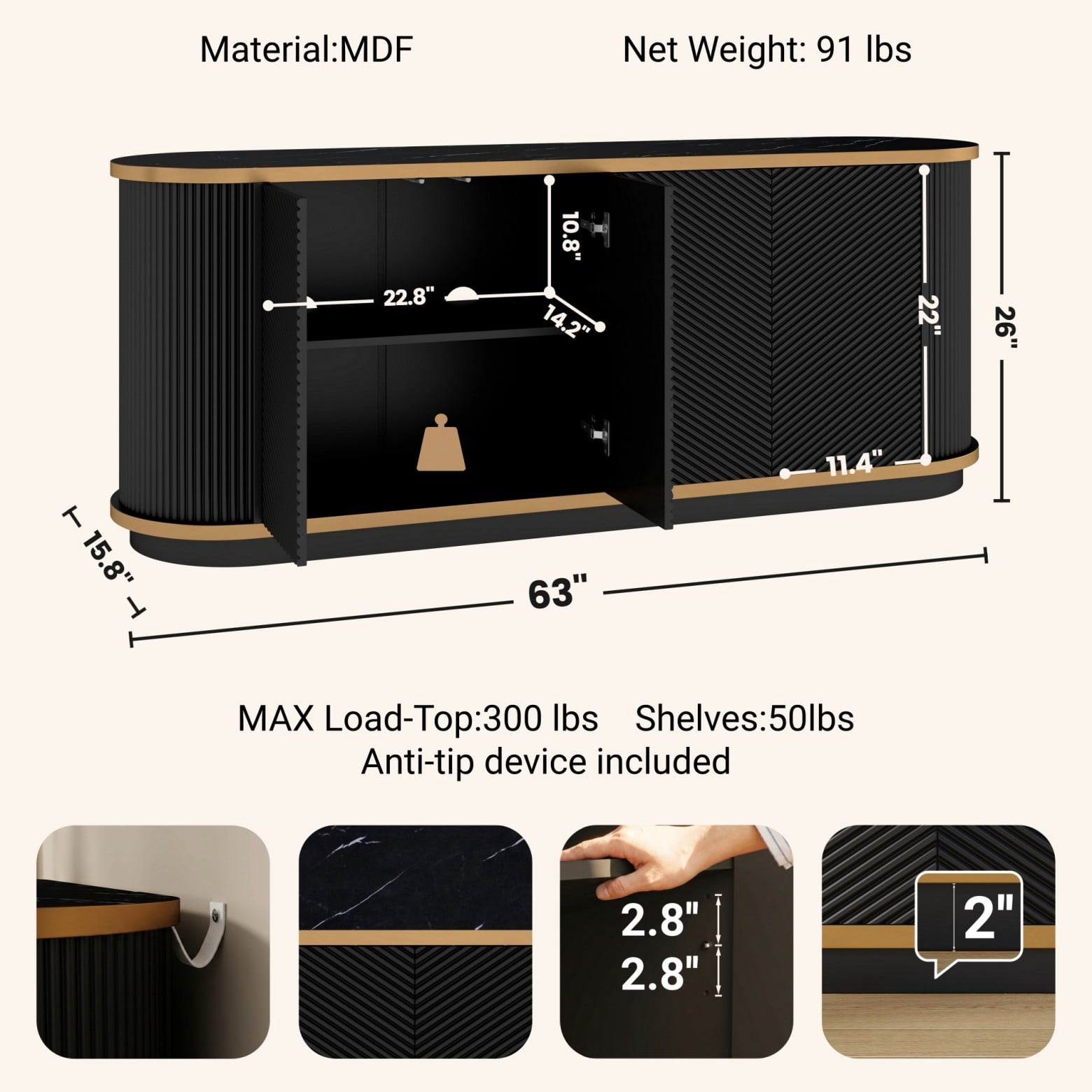 63" Fluted Sideboard Cabinet with Marble Top, 4 Door Buffet Credenza Storage, Push-to-Open Doors & Gold Trim TV Console, Black
