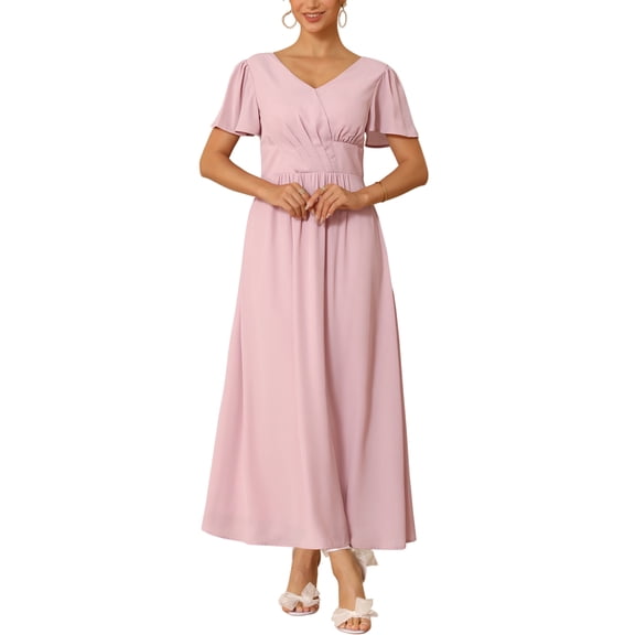 INSPIRE CHIC Women's Wedding Guest Dress Chiffon V Neck Pleated A-Line Maxi Formal Coctkail Dresses S Dark Blue