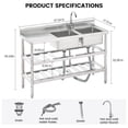 thumbnail image 2 of Bingirl Bol Double Autoportant Utilitaire en Acier Inoxydable de 47 Po pour Cuisine Commerciale avec Établi, Robinet, Buanderie avec Tablette de Rangement pour Intérieur Extérieur, 2 of 7