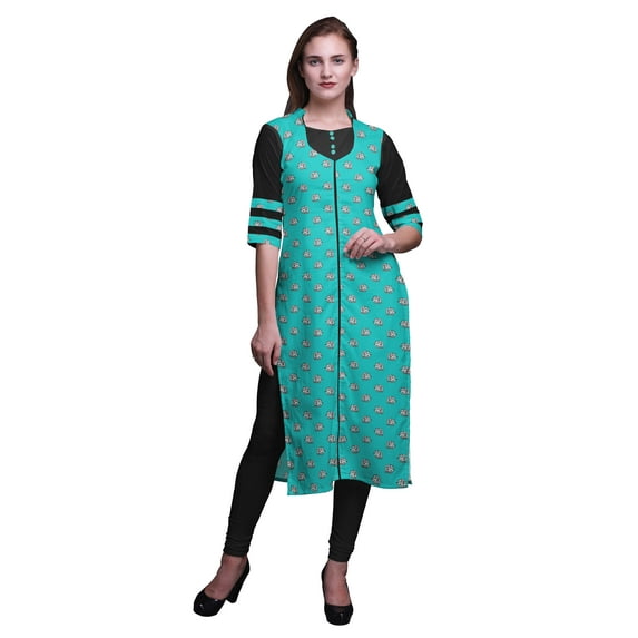 Bimba Long Straight Kurti For Women Printed Indian Rayon Slub 3/4 Sleeve Tunic