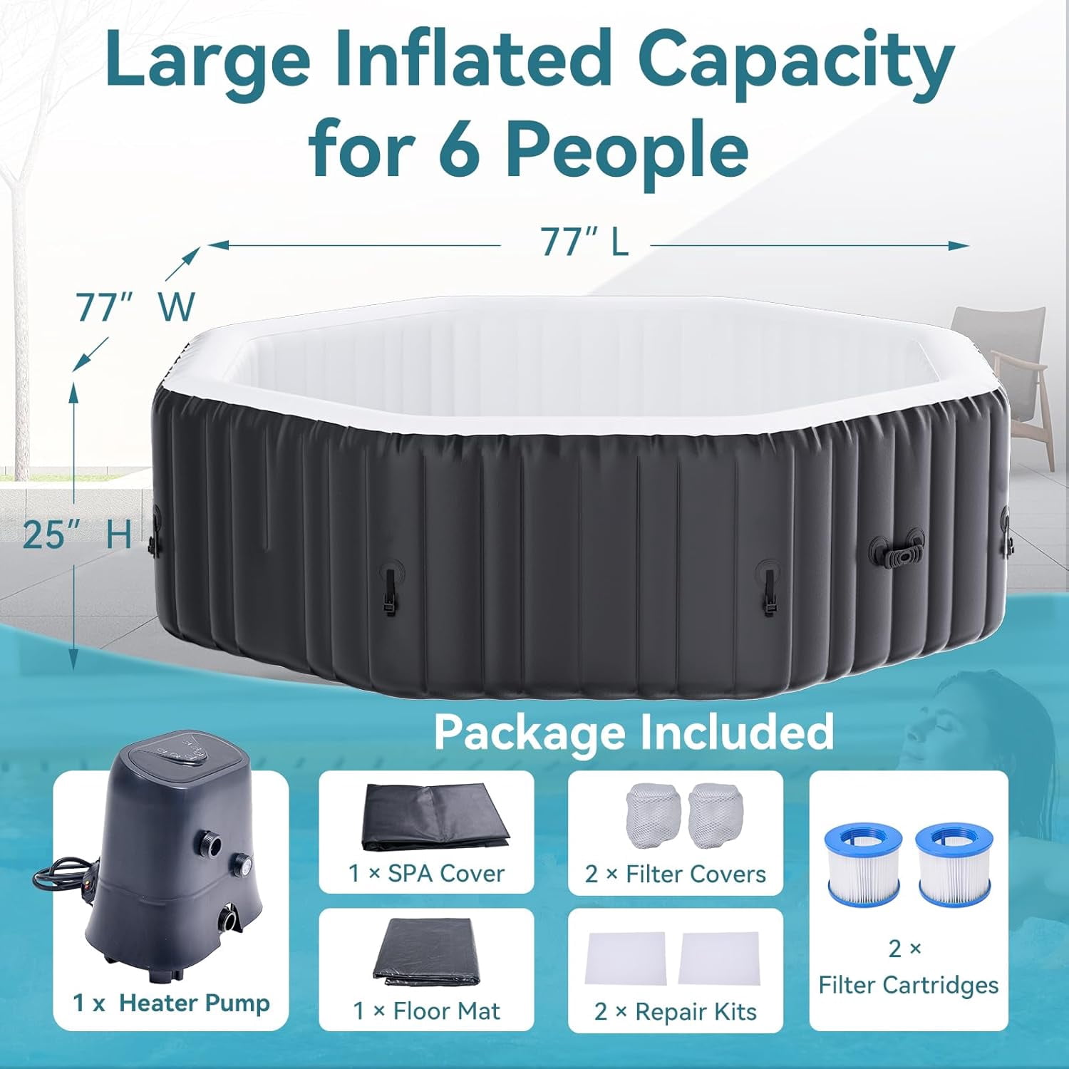 Bronkige 4-6 Person Inflatable Hot Tub, Large Polygon Portable Blow up Hot Tub, Leak-Proof PVC Outdoor Spa with 130 Air Jets, Insulated Cover and Heater Pump, 77” X 77”X 25”