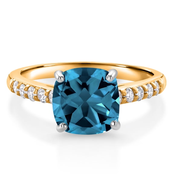 Gem Stone King 10K Yellow Gold London Blue Topaz and White Lab Grown Diamond Engagement Ring for Women (3.00 Cttw, Cushion 8MM, Gemstone November Birthstone, Size 5)