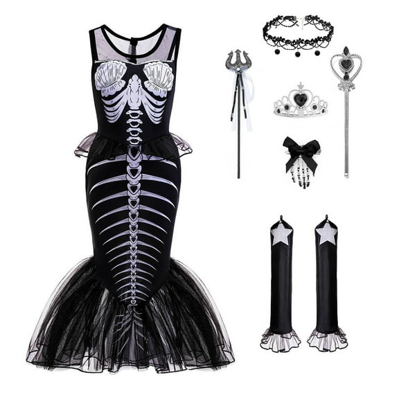 Girls Mermaid Skeleton Costume Kids Ariel Princess Black Dress Halloween Outfits with Accessories, 11-12 Years