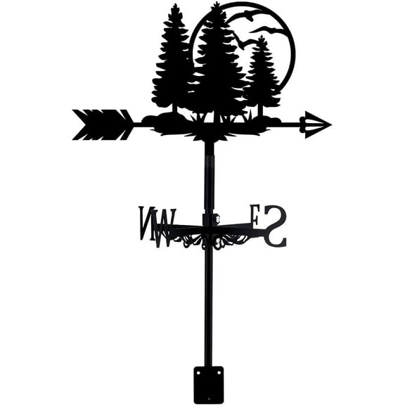 Pines Forest Metal Weathervane Moon Wind Vane Vintage Wind Spinner Wrought Iron Garden Weathervane Roof Direction Sign Outdoor Farmhouse Garden Courtyard Decoration Black