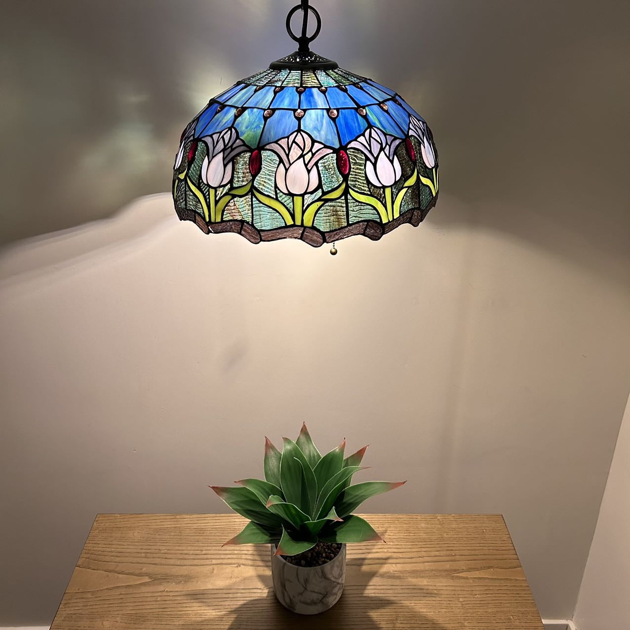 Tiffany Pendant Lights Fixture Blue Purple Stained Glass Tulips LED Bulb Included for Dining Room Hotel Restaurant Cafe 16"W*16"D*75"H
