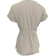 thumbnail image 4 of Delayuji Women's Spring Solid Color Round Neck Folded Belt Loose Casual Short Sleeve Top Beige L Polyester,Spandex Short Sleeve Shirts for Women, 4 of 6