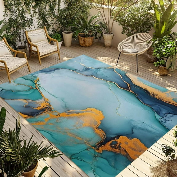 Fsddascl Turquoise Gold Modern Outdoor Rug for Patio/Deck/Porch, Non-Slip Large Area Rug 4 x 6 Ft, Abstract Teal Marble Geometric Indoor Outdoor Rugs Washable Area Rugs, Camping Rug Carpet