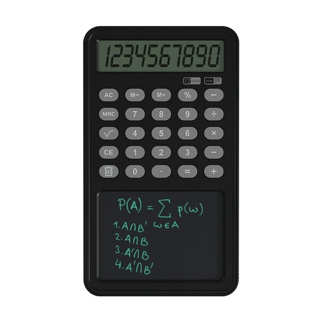 Basic Calculator Notepad with LCD Writing Tablet, Rechargeable 12 Digit Display DrawingMemo PadsPlanning Boards, Hand-held for Daily Office(Black)
