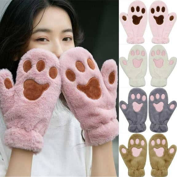 Cute Cat Paws Full Finger Gloves Fluffy Plush Winter Warm Mittens Hand Warmer for Women Teenager Girls